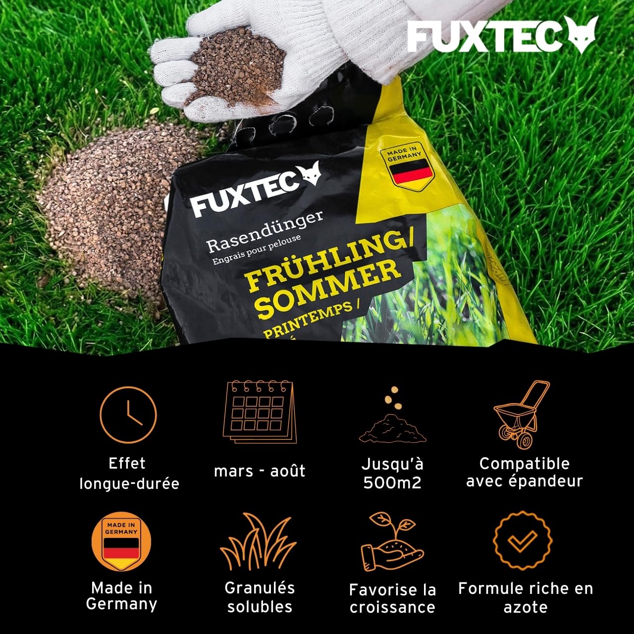 FUXTEC Engrais gazon printemps été FX-RDFS10 – 10 kg (2x5kg) rendement 250m2 fertilisant pelouse NPK 12+3+5 organo-minéral – azote à libération progressive – magnésium et soufre – granulés fins