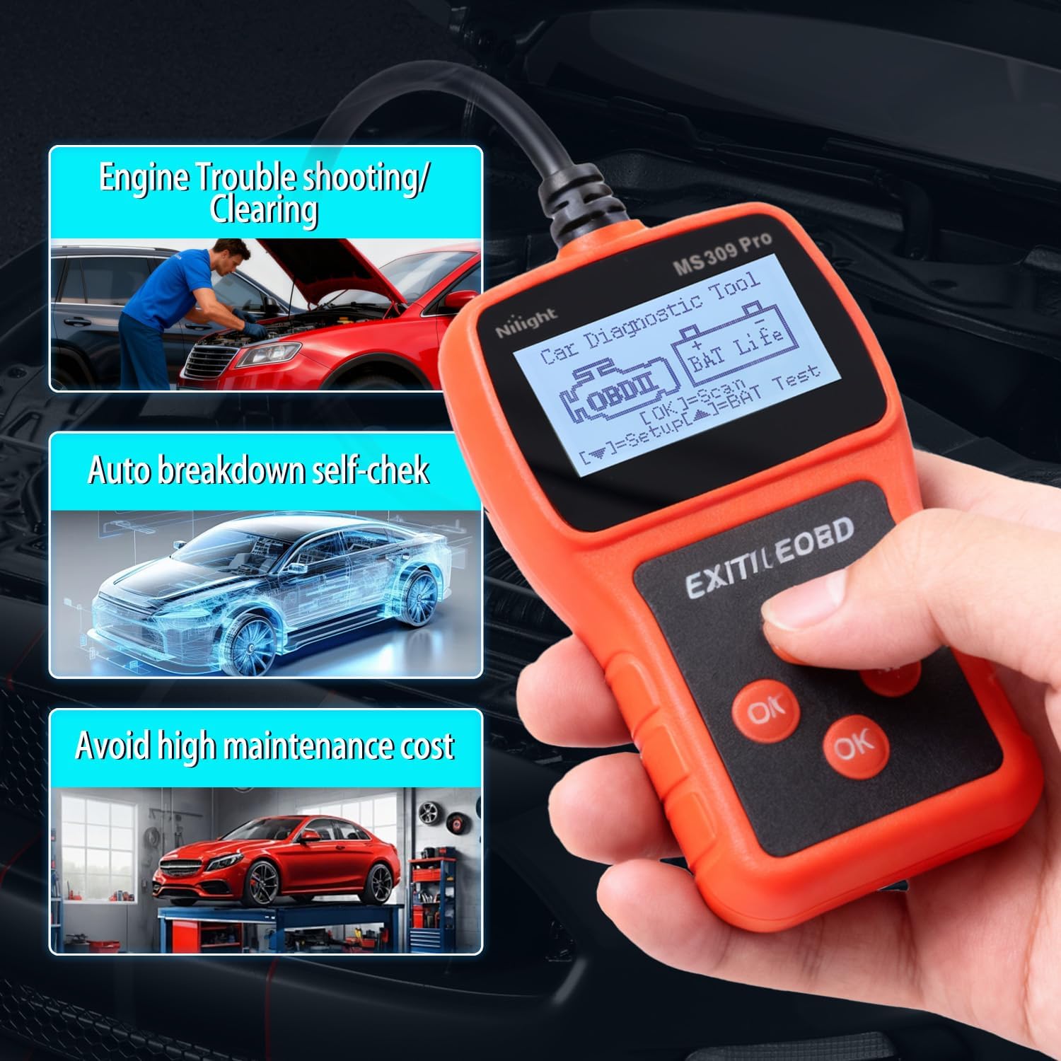 Nilight MS309pro Classic Universal OBD2 Scanner - Upgraded 2.4" Screen Car Engine Fault Code Reader - Reliable CAN Diagnostic Scan Tool to Read and Clear Error Codes Fast, All Vehicles After 1996