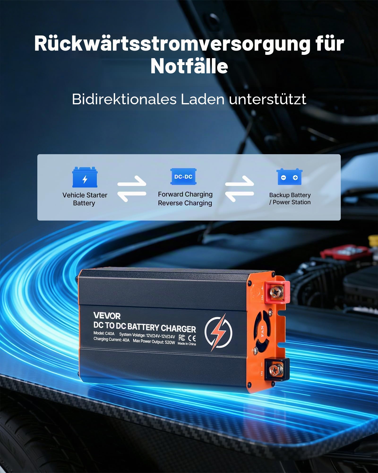 VEVOR DC-DC Ladebooster 40 A 520 W, Ladegerät für Lichtmaschine 12 V / 24 V-12 V / 24 V Schnellladung für LiFePO4 AGM Gel Batterien & Powerstations Wohnmobil Caravans Notstromversorgung zu Hause