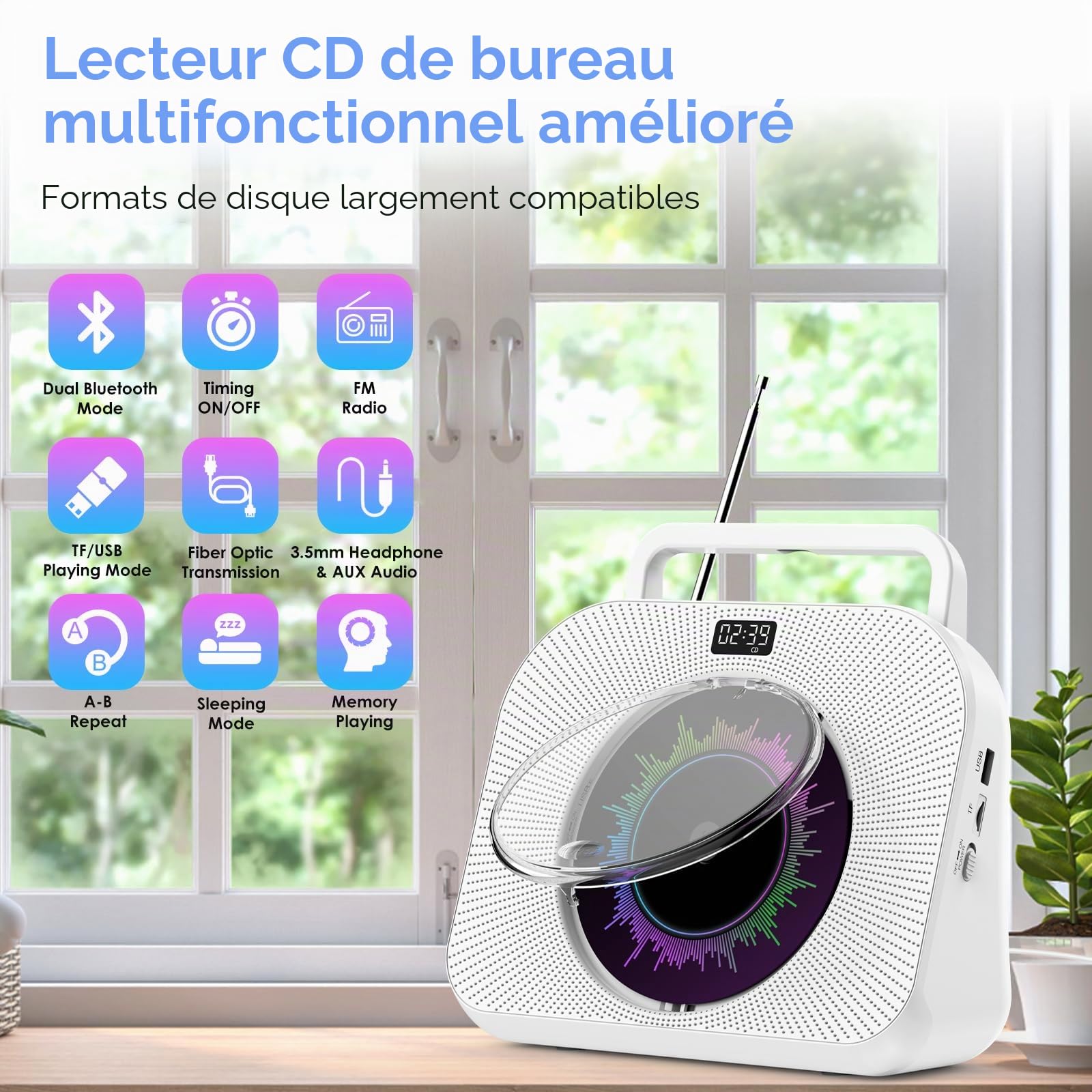 Lecteur de CD Bluetooth Lecteur CD de Bureau avec Haut-parleurs Lecteur CD Enfant supporte Les USB/TF/AUX Lecture Réveil Minuteur avec télécommande Housse de Protection Ecran Prise Casque