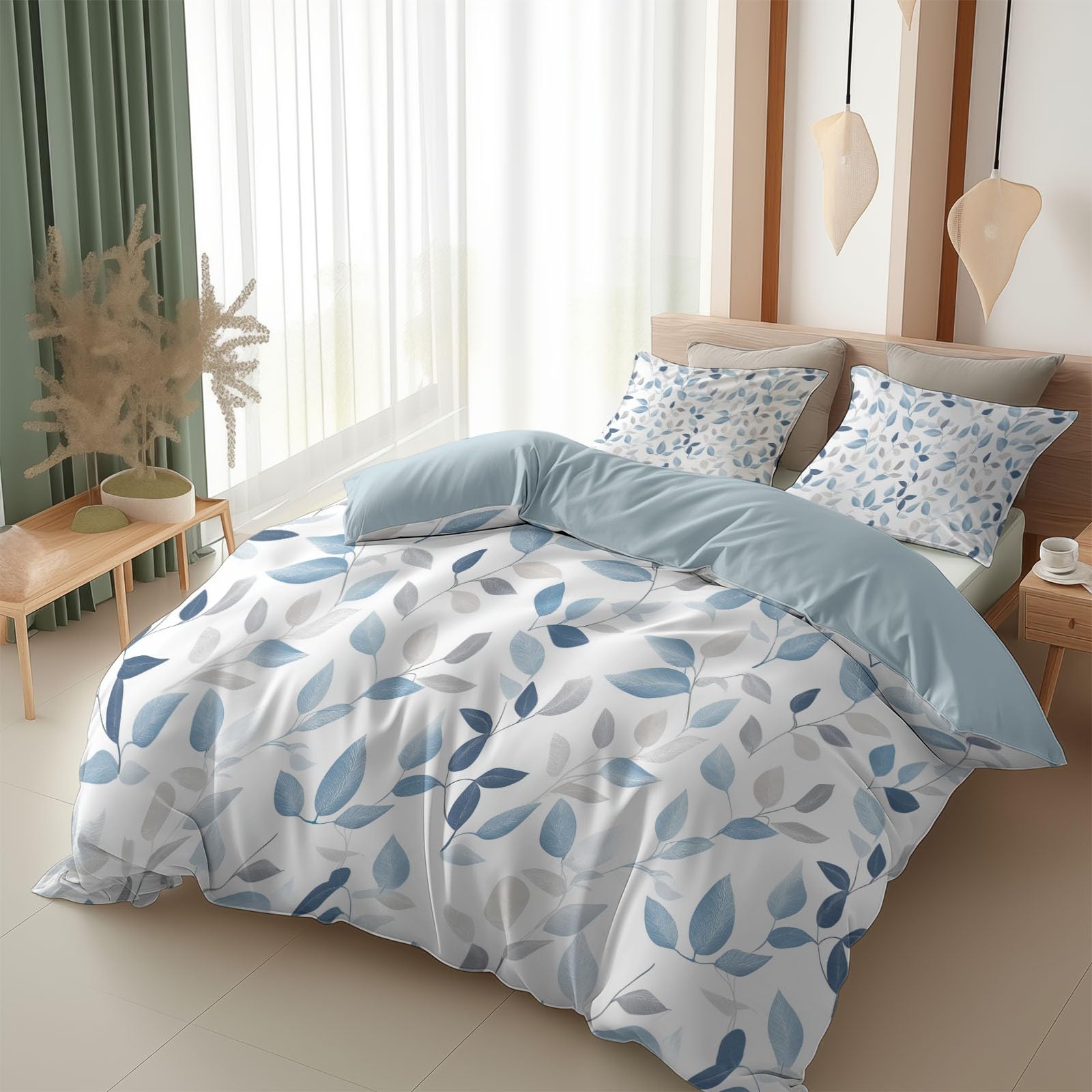 Parure de lit pour Enfant 240x260 cm Feuilles Bleues Housse de Couette Polycoton Ensemble de Literie Linge de Lit avec Taies d'oreiller, pour Décoration Chambre à Coucher