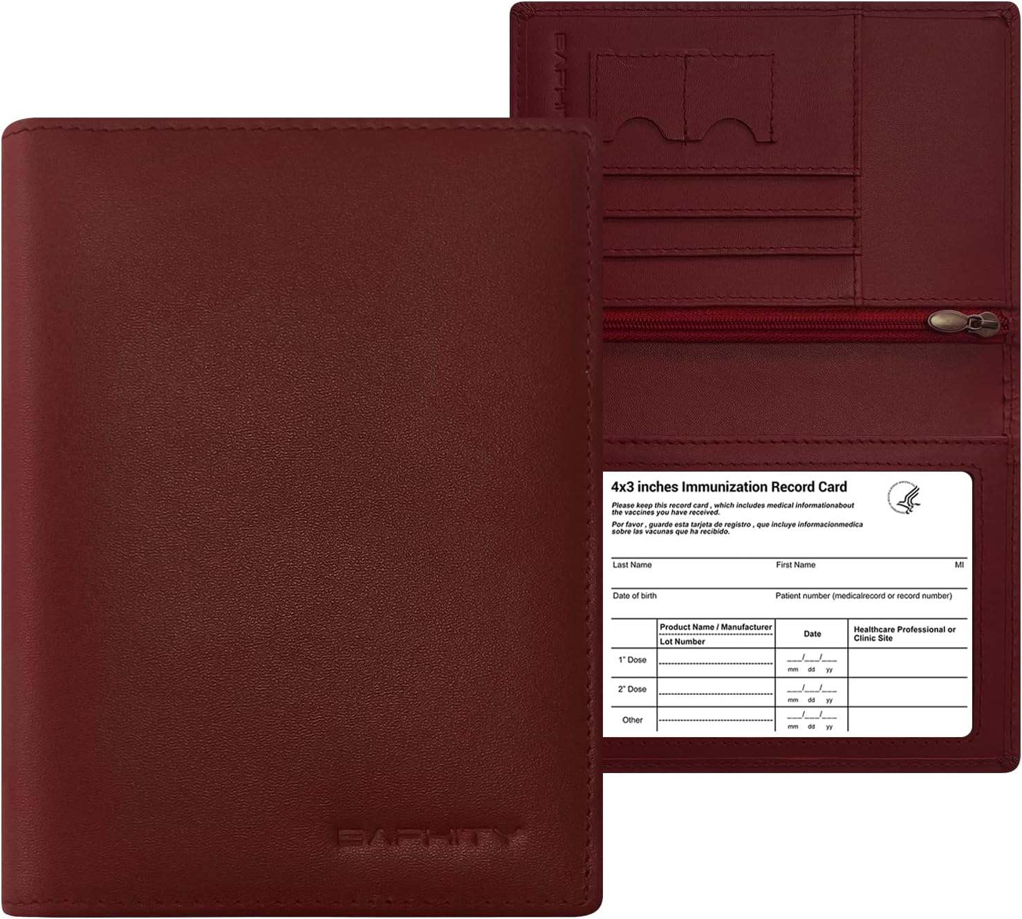  | Genuine Leather Passport Holder Cover - Case RFID Blocking Real Leather Passport Wallet with Zipper Slot Fit for 4 X 3 Inches Immunization Record Card (red-brown) | Passport Wallets