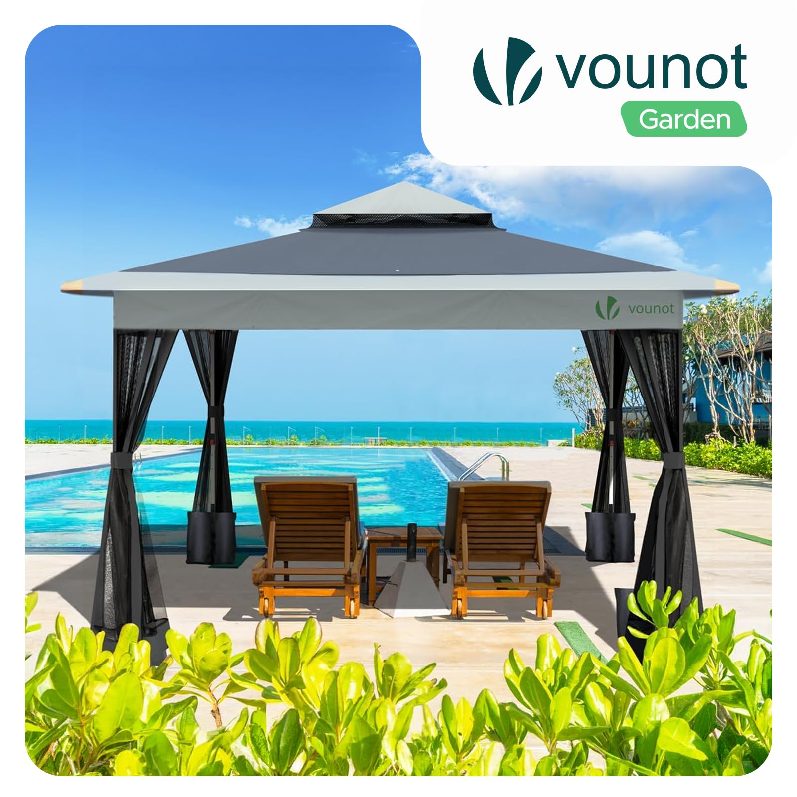VOUNOT® Carpa Plegable Gazebo 3.6x3.6m con Laterales de Malla, Cenador Pabellón Pop Up de Jardín Techo Doble y Bolsas de Arena, Protección UV, para Camping, Fiestas, Exterior, Gris