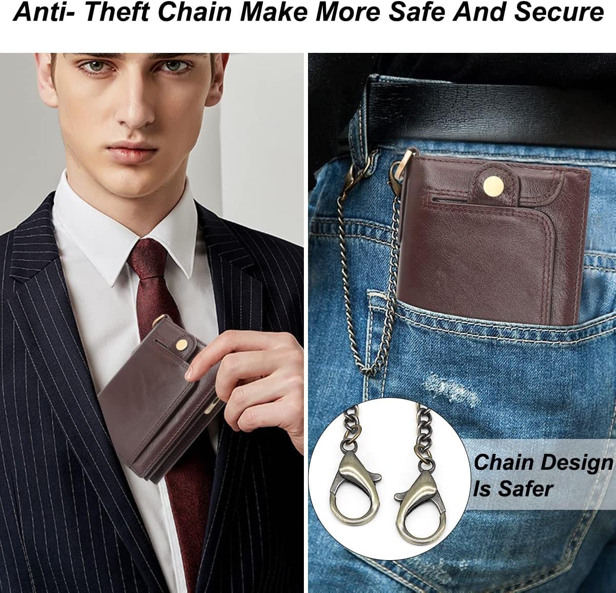 gzcz Mens Wallets with Chain Genuine Leather Bifold Wallet for Mens Rfid Blocking Mens Purse With Credit Card (Coffee)