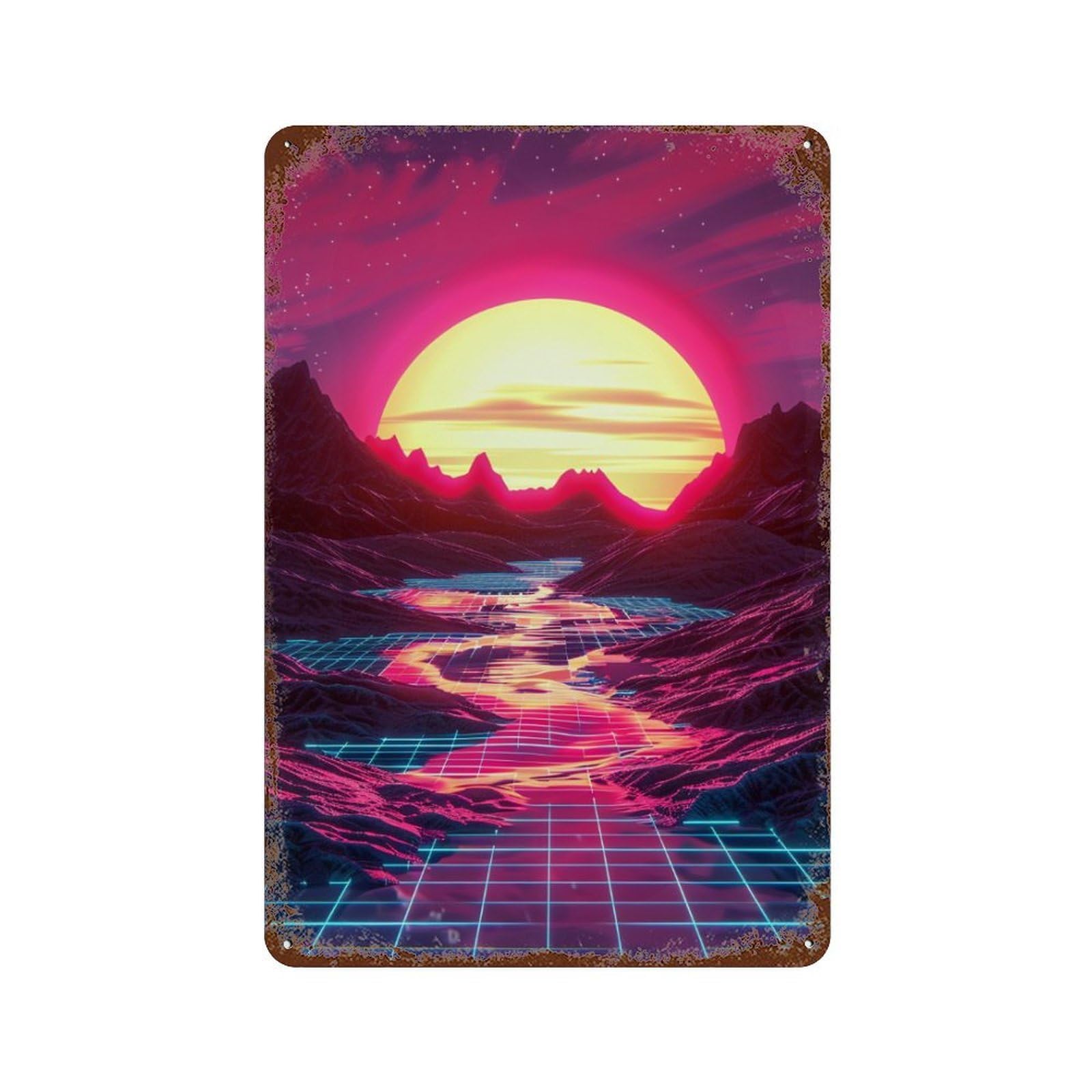 Neon Sunset Grid Landscape Retro Metal Sign 11.8"x7.9", Novelty Wall Decor for Farmhouse, Kitchen And Entryway Decor