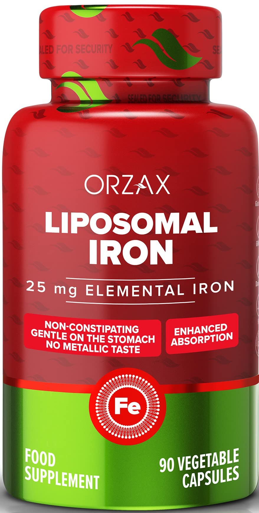 ORZAX Iron Supplement 25 mg -Liposomal Technology- High Bioavailability 90 Vegetable Capsules, Non-Constipating, Non-GMO & Gluten Free, for Women, Men, Adults