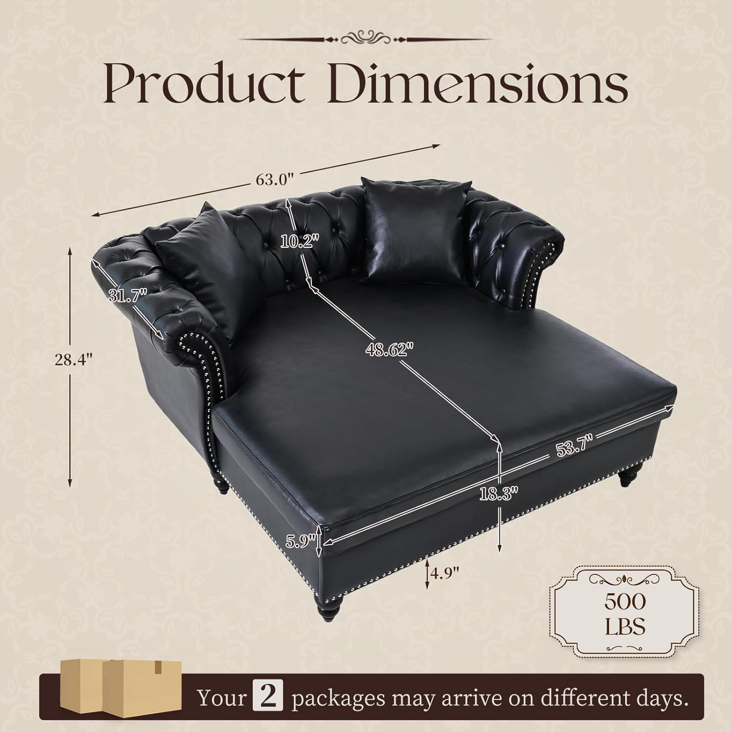 63" Oversized Chaise Lounge Indoor Chair, Faux Leather Chesterfield Loveseat, Double Chaise Sofa with 2 Pillows, Button Tufting and Rolled Arms Sleeper Couch for Living Room, Black