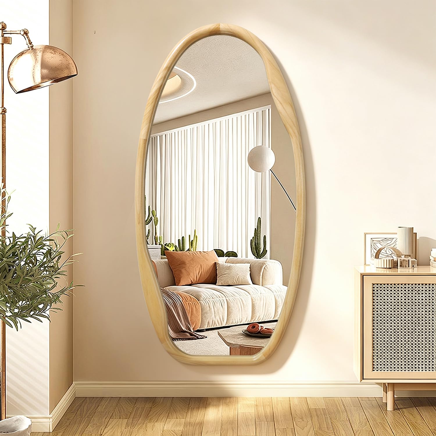 JJUUYOU Espejo de pared con marco de madera irregular, espejos asimétricos para pared, 100 x 50 cm, espejo decorativo de madera para colgar en baño, dormitorio, sala de estar, guardarropa, entrada