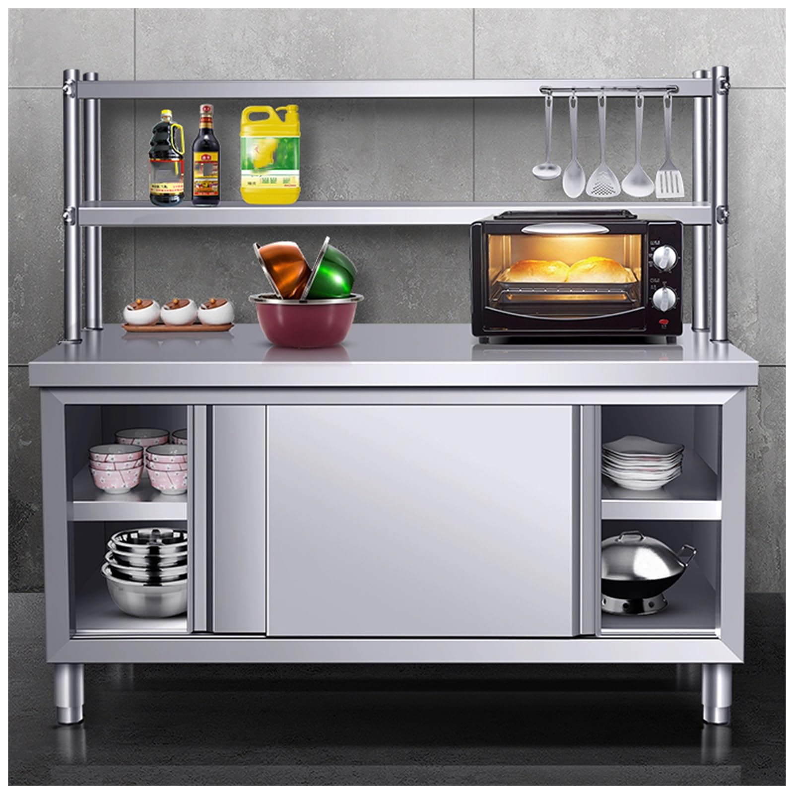 Generico Banco da Lavoro in Acciaio Inossidabile con Piedini Regolabili - Ampio Tavolo da Cucina Multifunzionale e mobiletto portaoggetti per casa, Ristorante, Garage - Design Durevole, spazioso e ve