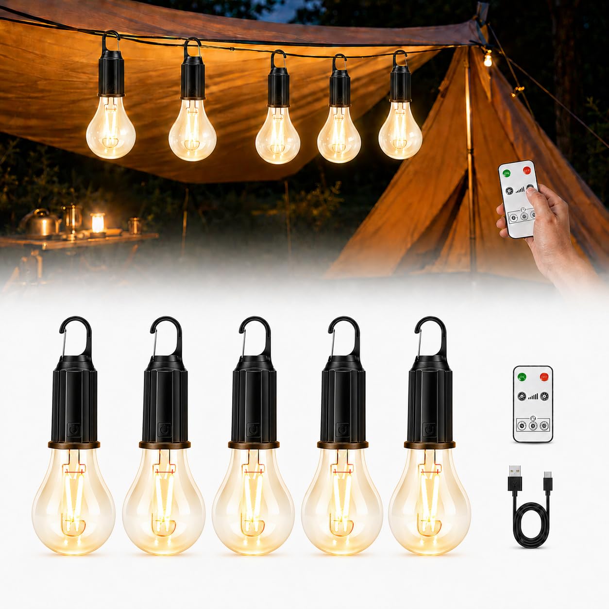 Rechargeable Camping Lights Remote Control,5 Pack Remote Camping Lanterns with 3 Brightness Levels and Timer,USB Waterproof Hanging Tent Lights,Portable Camping Lamps for Tents