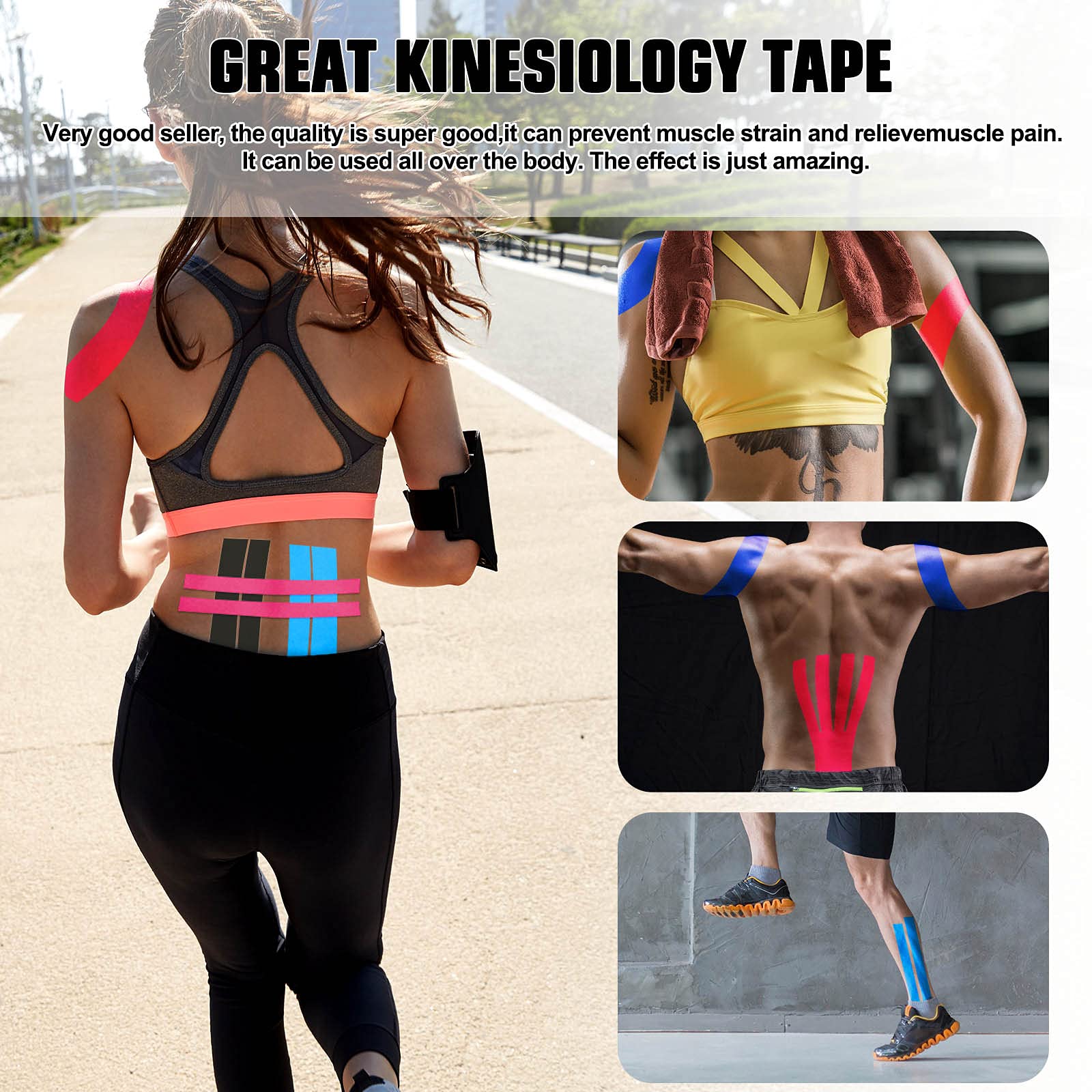 FOU Kinesiologie-Tape, kinetisches Tape, wasserdicht, athletisches Sport-Tape, Physio-Tape für Knie, Schulter, Knöchel, Ellenbogen, Schmerzlinderung, Gelenkunterstützung und Erholung, ungeschnitten