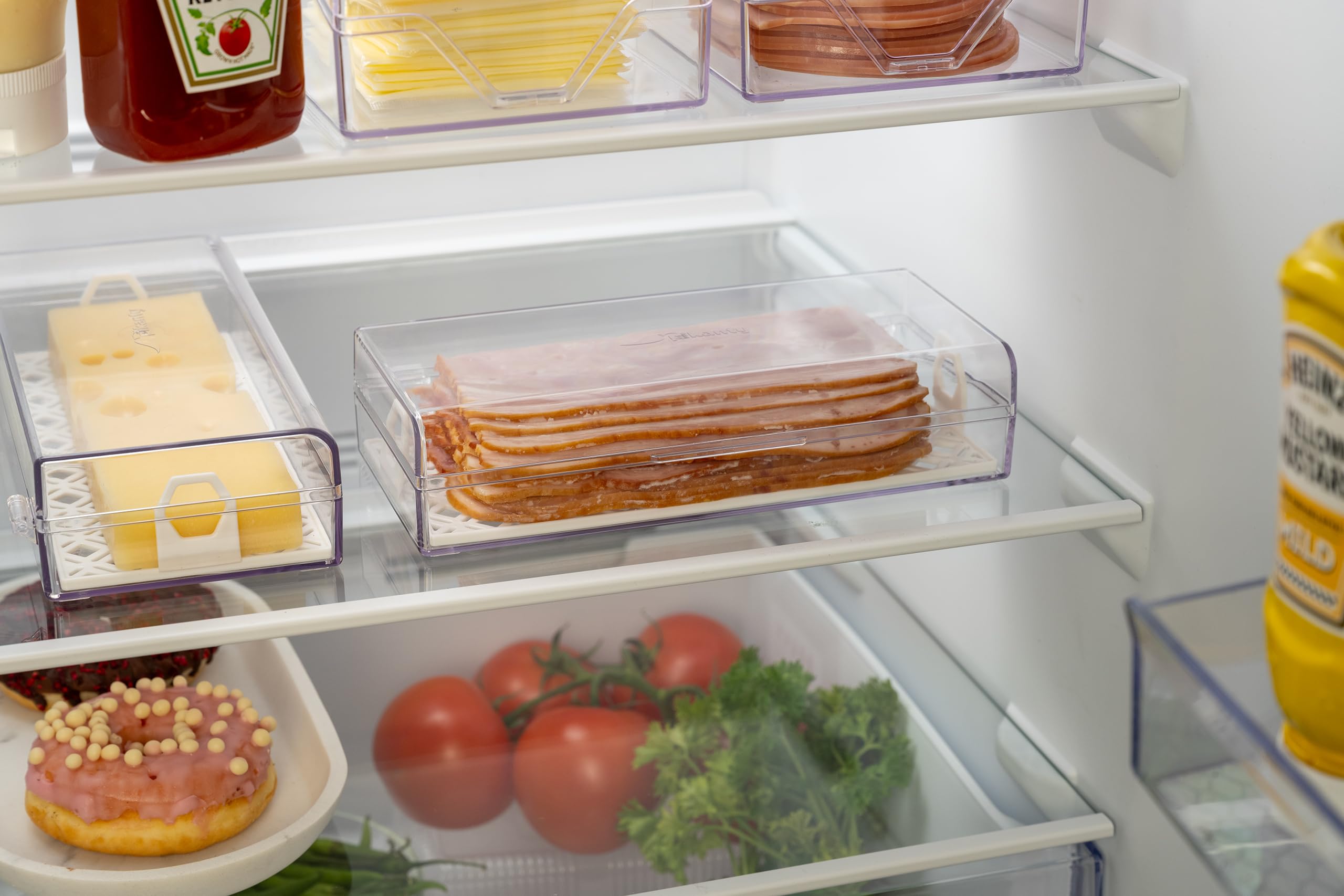 Pikanty Contenedor de carne Deli para refrigerador con bandeja extraíble, hermético para embutidos, queso en rodajas, jamón, pavo, salami y pepperoni, tapa con bisagras, apto para lavavajillas