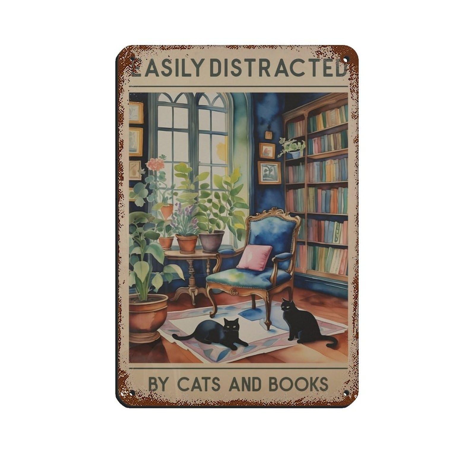Cat And Books Poster, Vintage Cat, Vintage Book Tin Sign Vintage Metal Pub Club Cafe Bar Home Wall Art Decoration Poster Retro 8x12inch(20x30cm)
