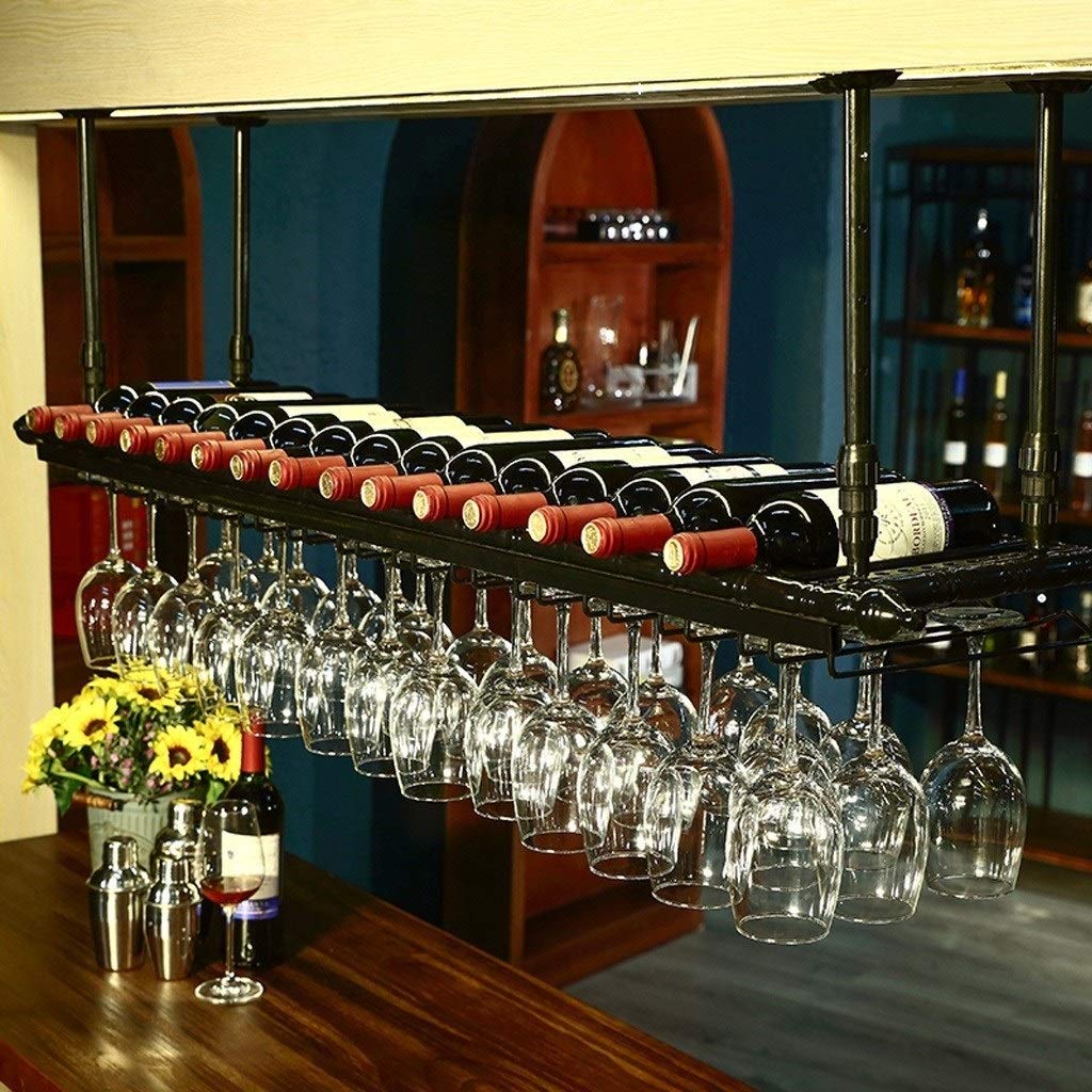 Genérico Stojak na wino | Vintage wiszący uchwyt na kieliszki | Rustykalny organizer na butelki i kieliszki do wina | Przechowywanie wina z regulacją wysokości (120 x 35 cm)