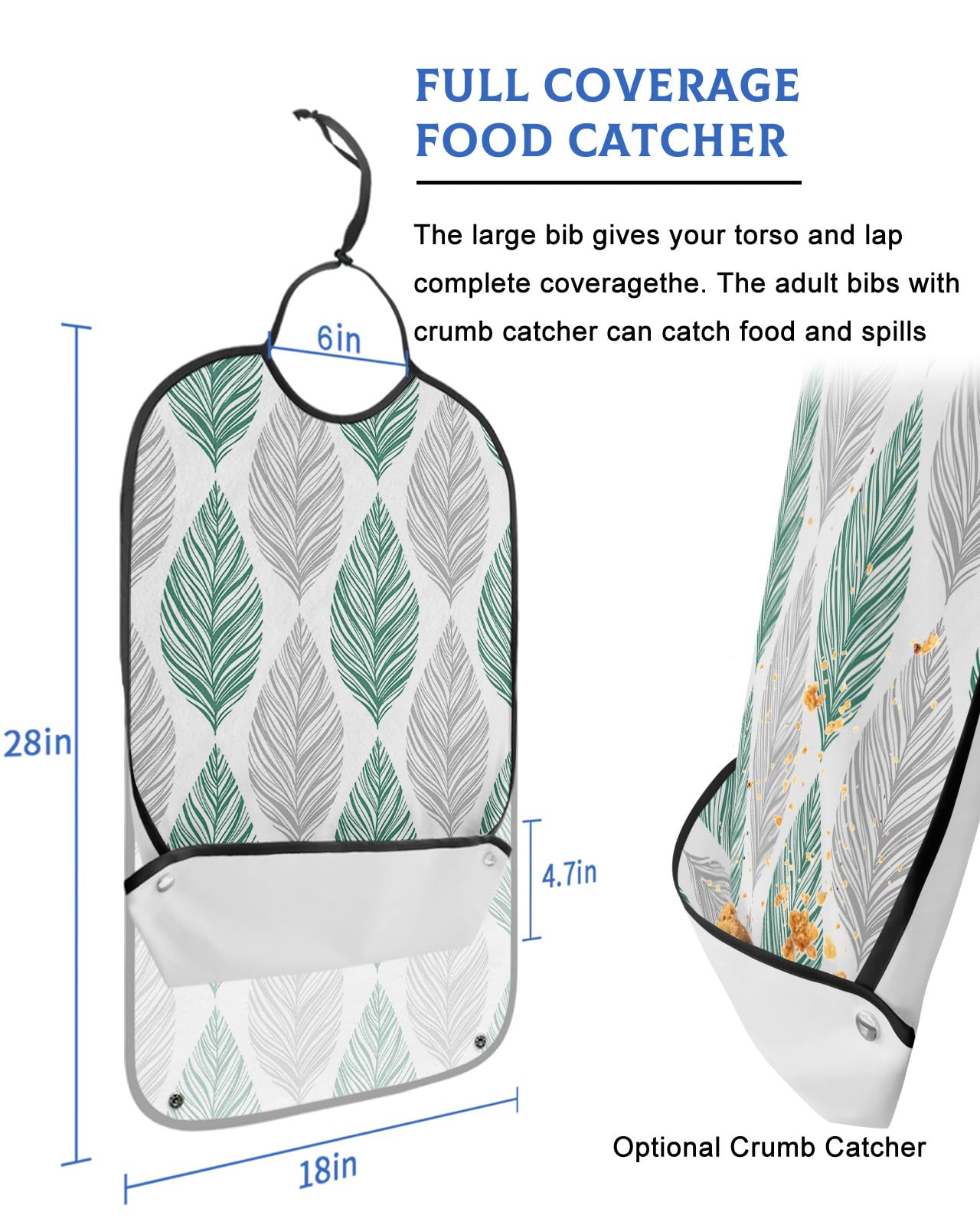 Green Leaves Adult Bib for Eating with Crumb Catcher,Washable & Waterproof Terry Cloth Adjustable Elderly Women Men Adult Bibs Funny Apron Reusable Clothing Protector Abstract Grey Summer Leaf Art