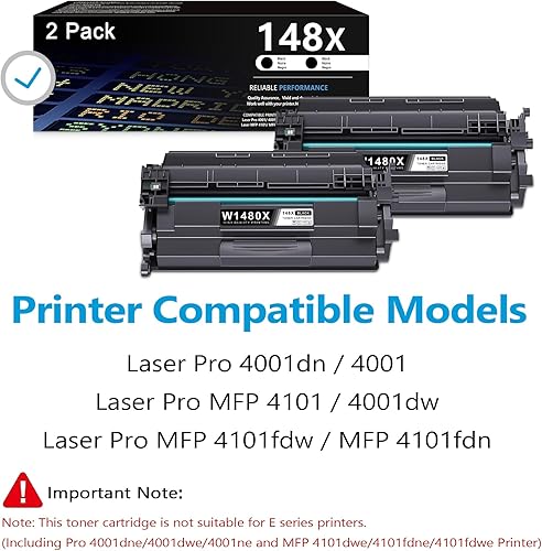 Miniatura 2 de (con chip) Tóner 148X, W1480X - 2 cartuchos de tóner negros 148X de alto rendimiento que funcionan con impresora láser Pro 4001 4001dn 4001n 4001dw,