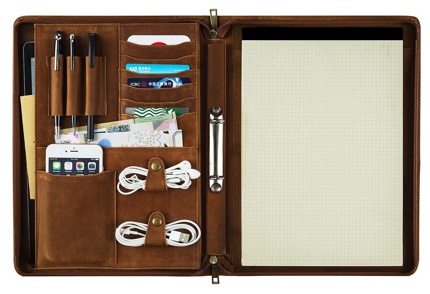 Calfinder Leather Portfolio 2 Binder, Resume Zippered Padfolio, Leather Folder with A4 Clipboard, Professional Business Organizer, Vintage Leather Conference Folder for Men, Brown