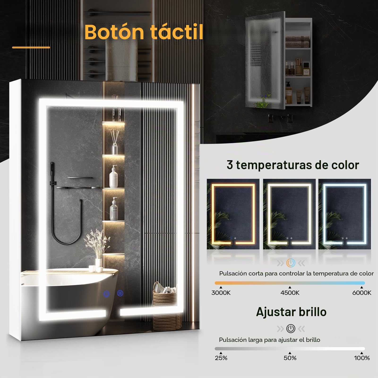 Armario Espejo para Baño con Iluminación LED, 3 Colores de Luz 6000K, Función Antivaho, Montaje en Pared, con Enchufe y Estante, Ahorra Espacio, Armario de Baño Moderno, 60 x 80cm, Blanco