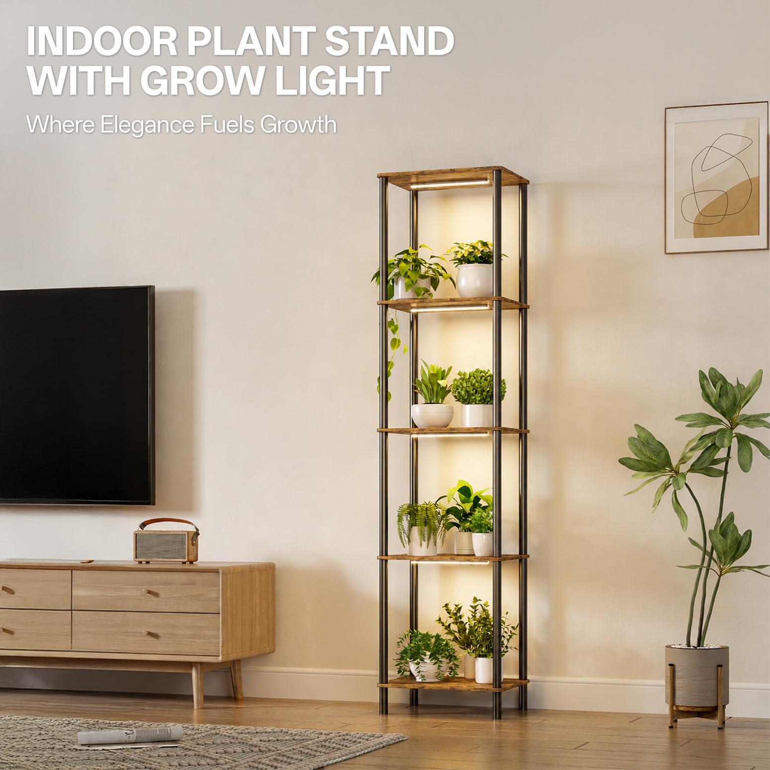 Bstrip Pflanzenständer mit Wachstumslicht, 4 Ebenen Blumenregal Metall Holz | 150cm Plant Stand Indoor, Pflanzenlicht LED Vollspektrum, Dekoratives Blumenständer Schwarz für Garten, Wohnzimmer Balkon