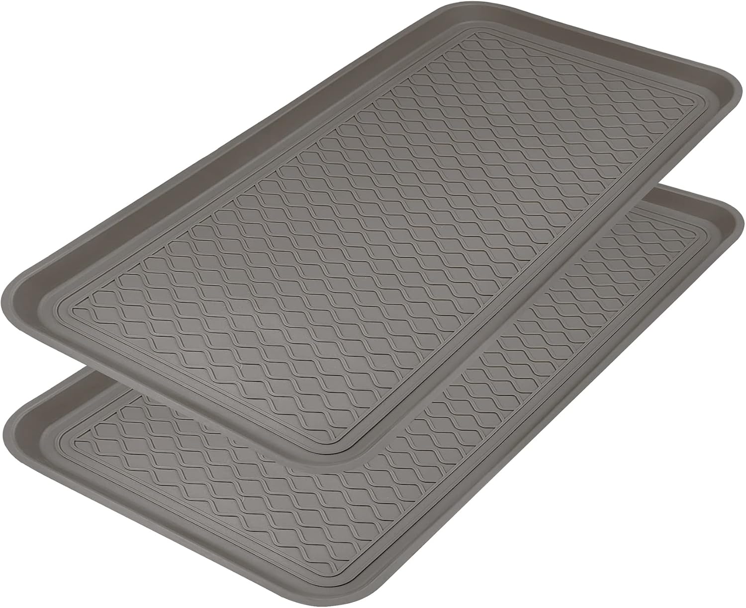Finorder Multi-Purpose Utility Boot Trays with Striped, Set of 2 Grey Duty Shoe Trays for All Weather, Plastic Pet Feeding Mat, Use for Indoor and Outdoor, 30" x 15" x 1.2"