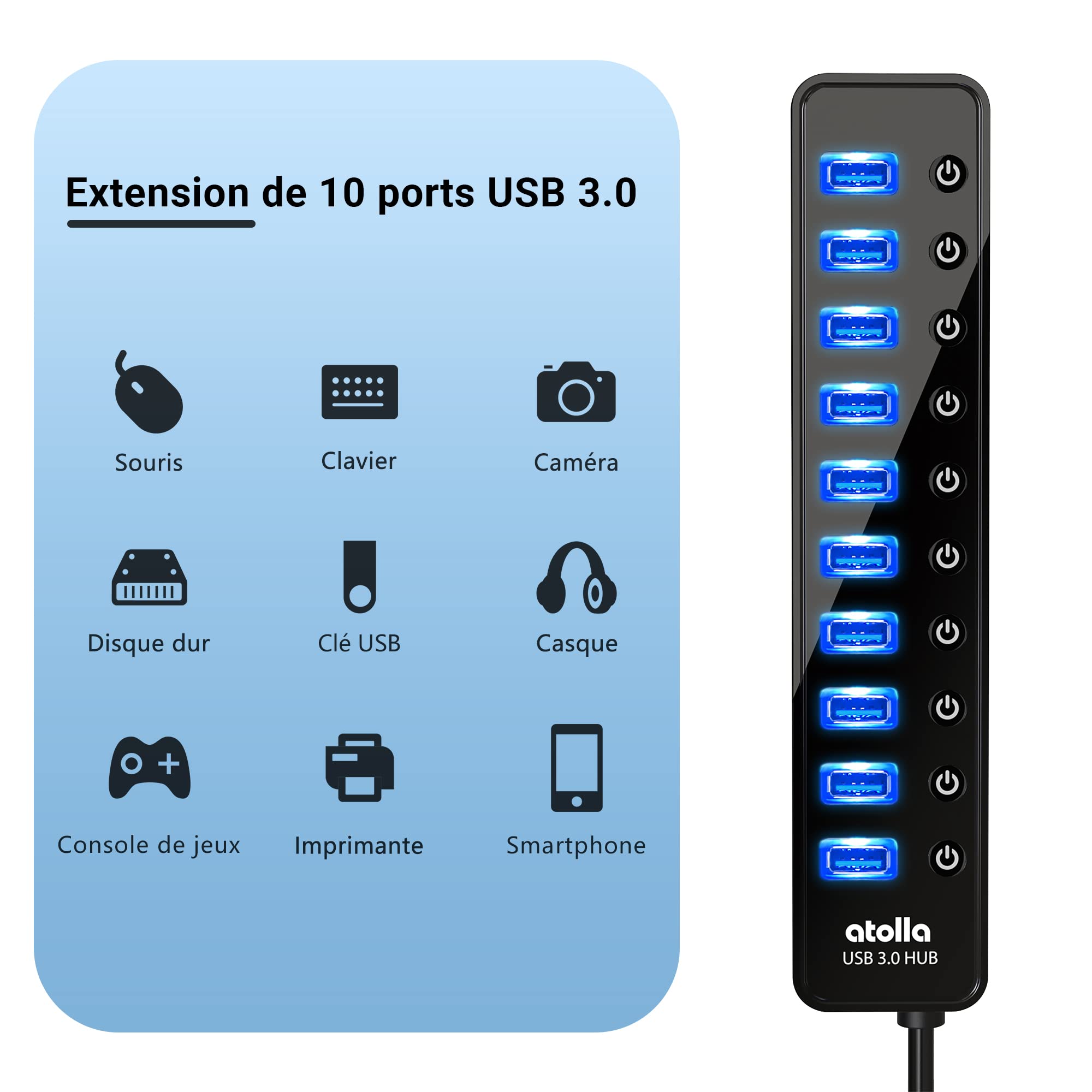 Hub USB alimentato, atolla Hub USB 3.0 Multipresa a 10 porte con interruttori e LED di alimentazione individuali Adattatore 12 V/2.5 A per tastiera, mouse, stampante, driver duri, ecc.