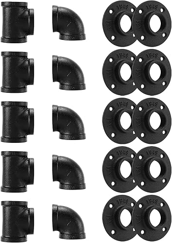 Accesorio de Tubería Negra de 1", Paquete de 20 Brida de Piso/Codo/T de 1" Combo para Estilo Vintage Industrial, Bridas/Codo/T con Orificio Roscado