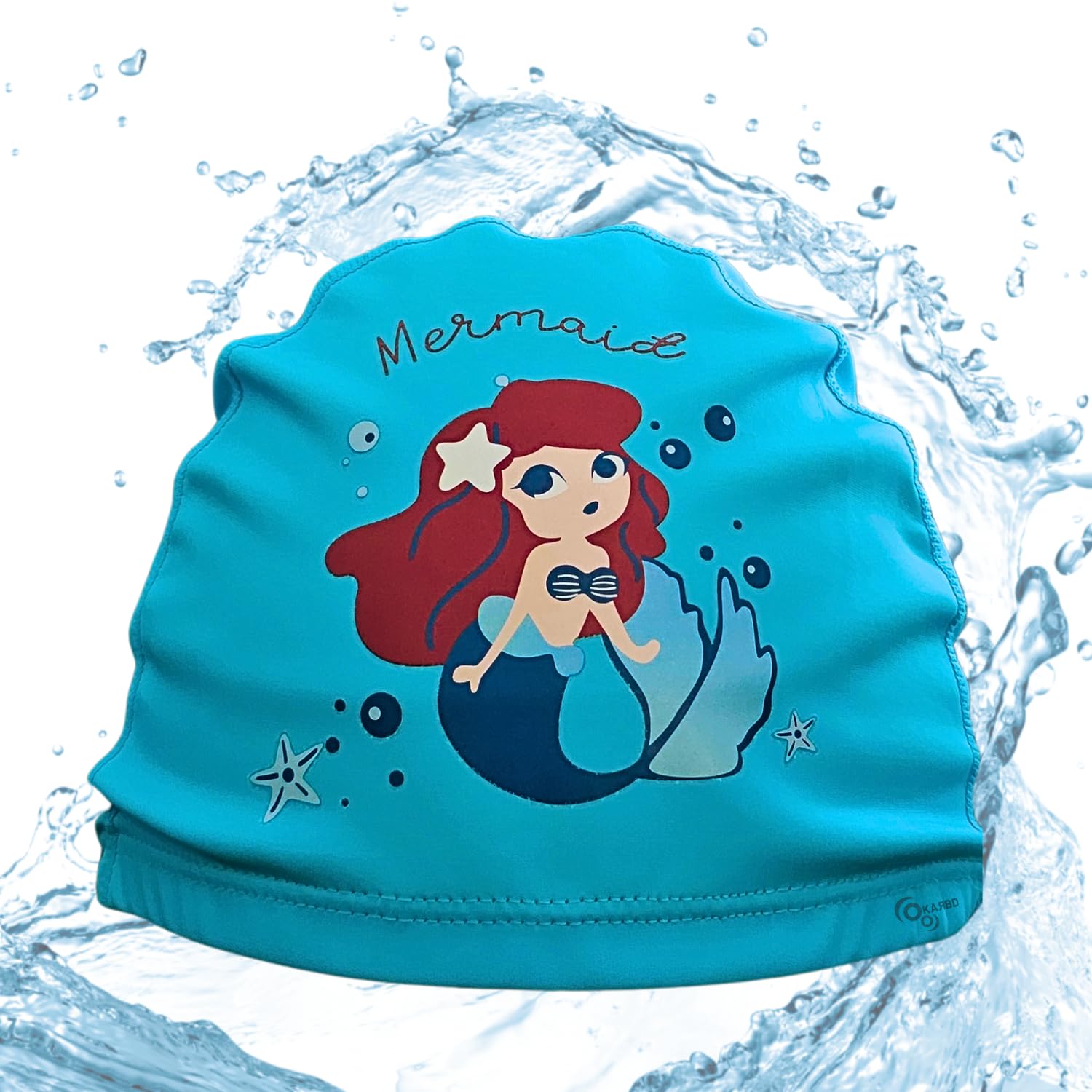 PU Fabric Swimming Cap Waterproof Pool Head Cap PU Coating Breathable Soft Cloth Material Hat for Unisex Children Kids Boys Girls of 4 to 14 Years Age (Cartoon Design Light Blue Mermaid)