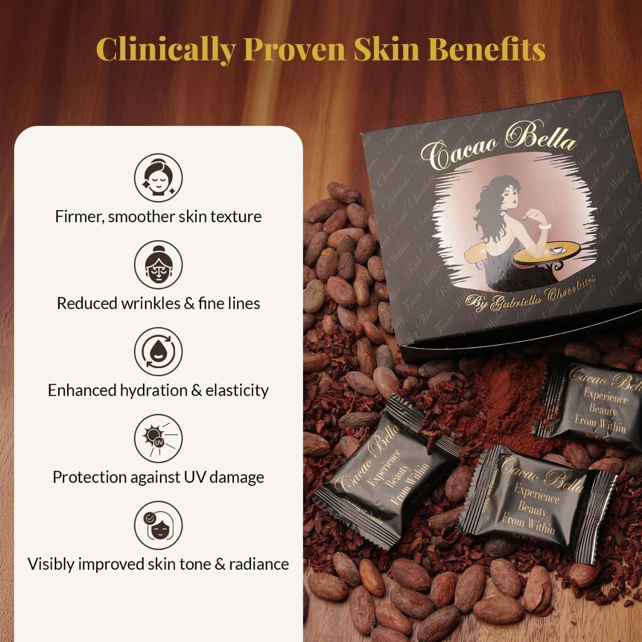 Cacao Bella®️ Clinically Proven Collagen Supplement Dark Chocolate Bars, 2,500 mg VERISOL® Bioactive Peptides, 4 mg AstaReal® Astaxanthin & Cocoa Flavanols, Supports Skin Elasticity, Hair & Nails