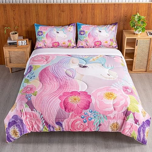 Juego de edredón de unicornio con flores para niños, juego de ropa de cama para niñas, bonito juego de edredón de unicornio rosa de dibujos animados