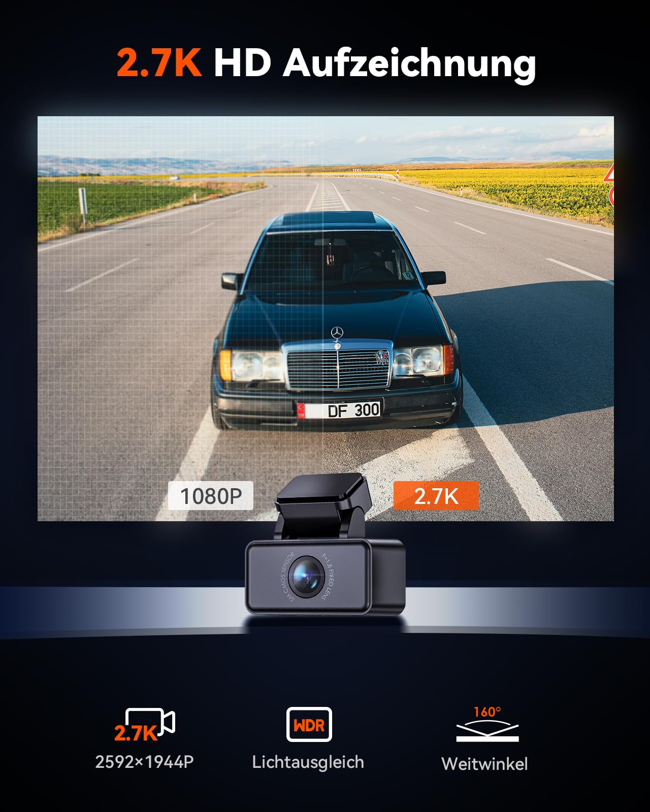 Caméra arrière 2,7 K pour VANTRUE E360 / E2, caméra arrière WDR avec Starvis 2, super vision nocturne, ouverture F1.8, grand angle 160°, câble USB C, support adhésif réglable, pour voiture, SUV,