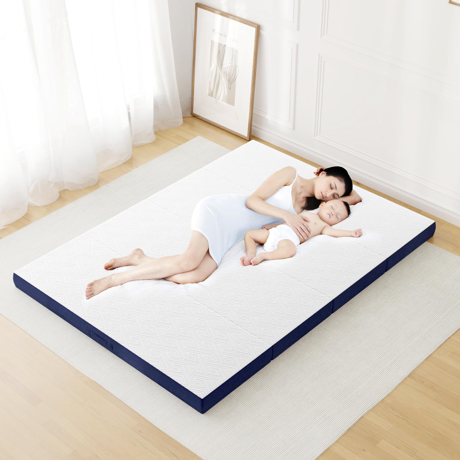 Colchón Plegable 10cm Jergón Plegable de 4 Piezas Impermeable Colchon Coche Cama Plegable Impermeable para Invitados Camping Cuna de Viaje, 60x190x10cm Azul