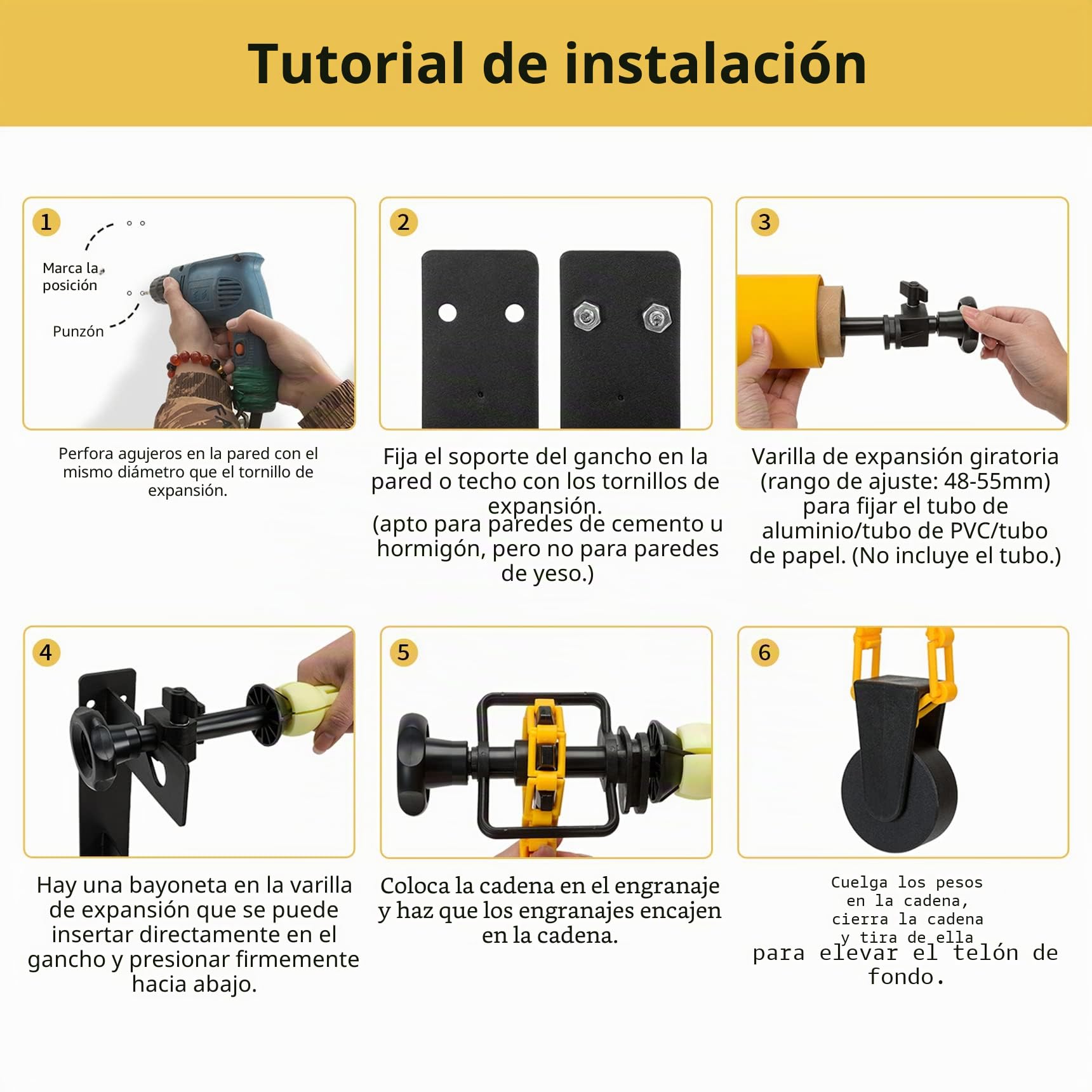 Selens Sistema de Soporte de Pared para fotografía de 4 Rollos | soporte de fondo manual, sistema de soporte para montaje en pared, incluye 4 cadenas, 2 ganchos individuales