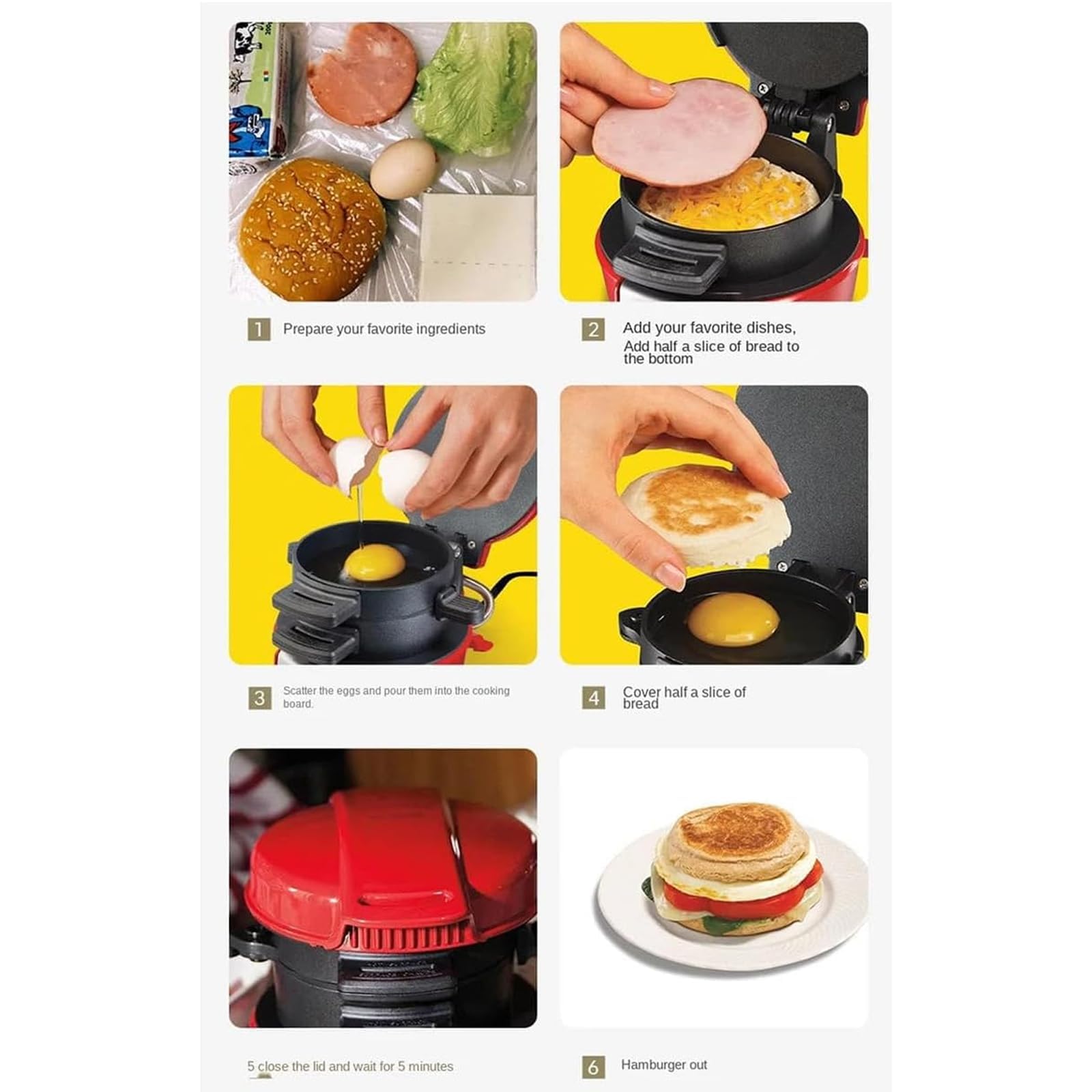 MRKU Prensa Multifuncional para sándwiches y Hamburguesas con Placas antiadherentes. Parrilla compacta para desayunos y Hamburguesas.