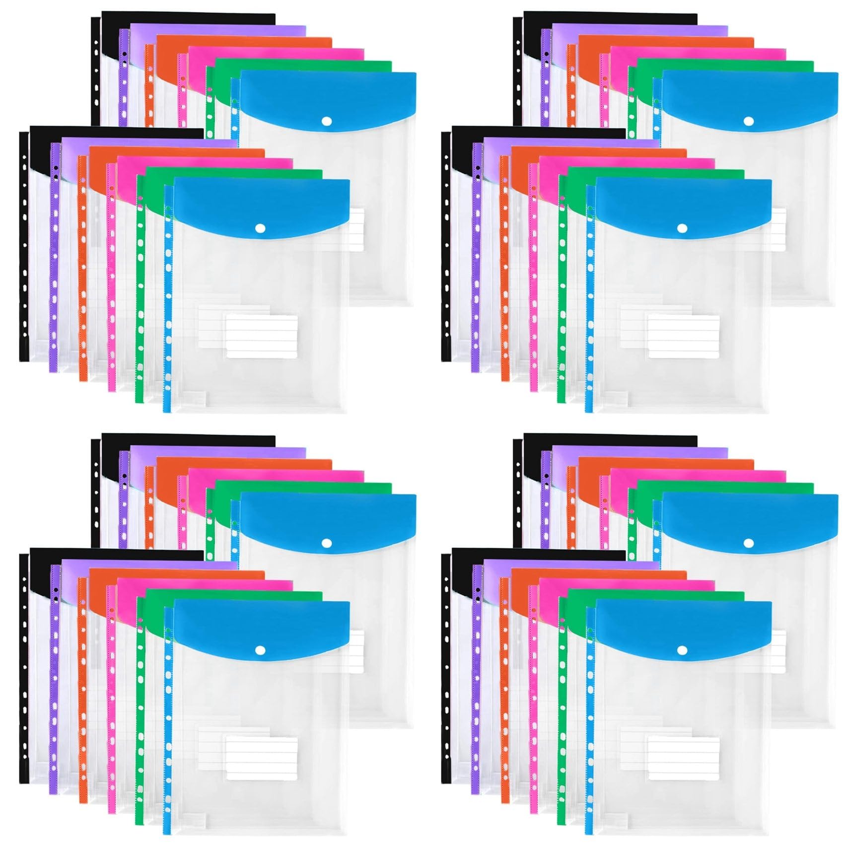 Vjsujehgy 48Pack Plastic Envelopes, Binder Pockets for 3/4/11 Ring Binder,Expandable Document Organizer with Snap Button and Label