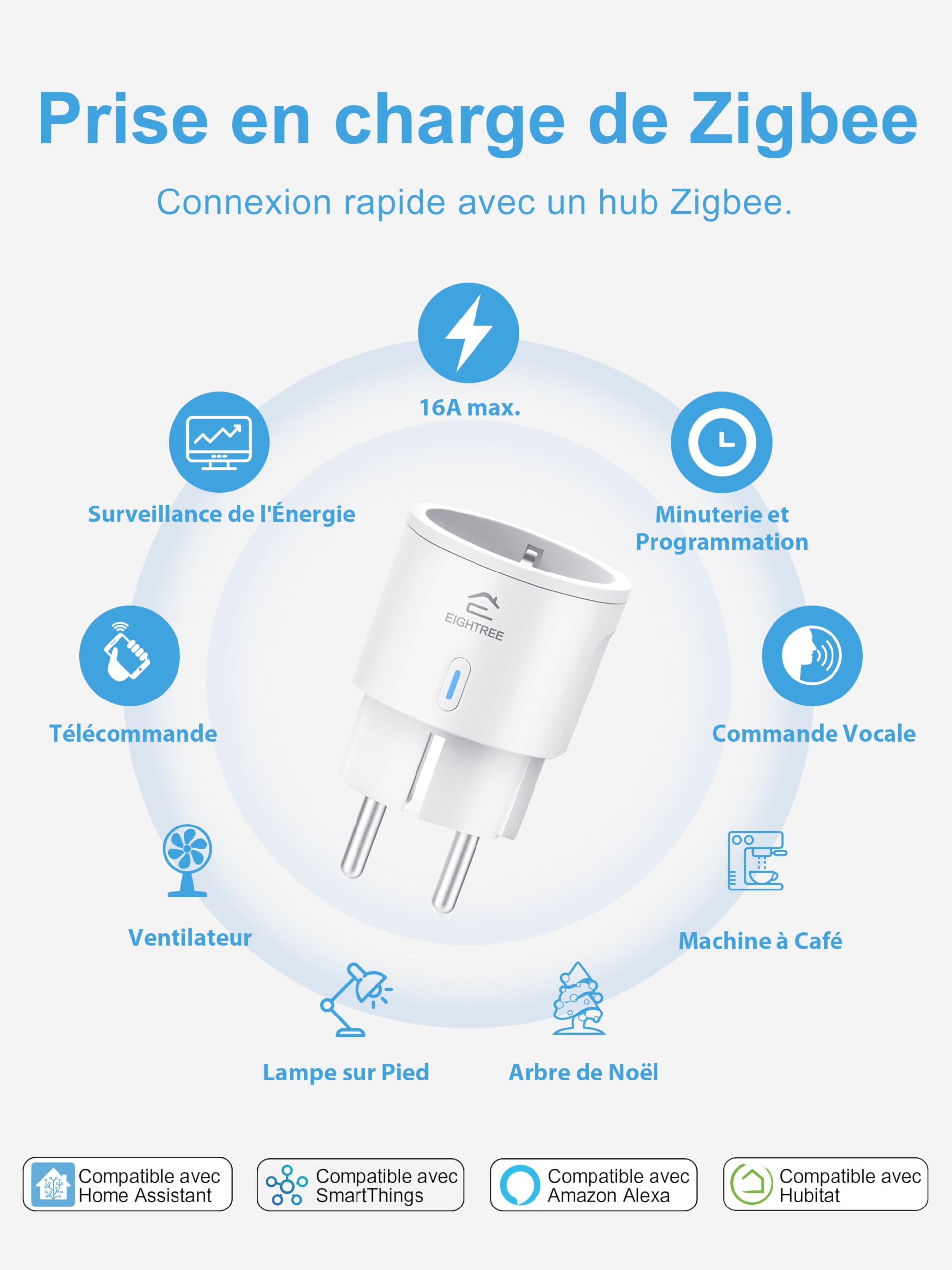 EIGHTREE Zigbee Prise intelligente avec mesure de la consommation d'énergie | 16 A, répéteur Zigbee, hub Zigbee nécessaire, compatible avec Home Assistant,SmartThings, Alexa, programmation et minuterie