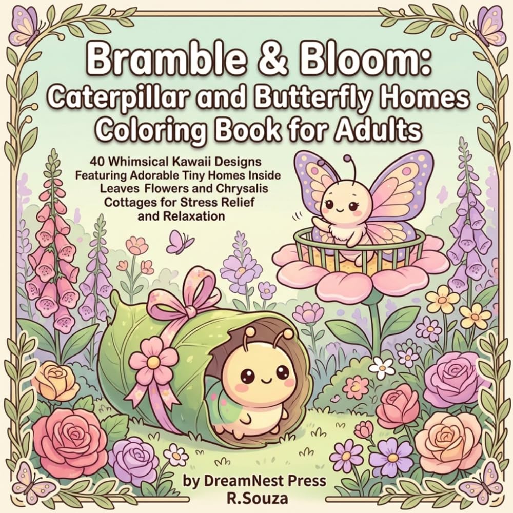 Bramble & Bloom: Caterpillar and Butterfly Homes Coloring Book for Adults: 40 Whimsical Kawaii Designs Featuring Adorable Tiny Homes Inside Leaves ... Cottages for Stress Relief and Relaxation