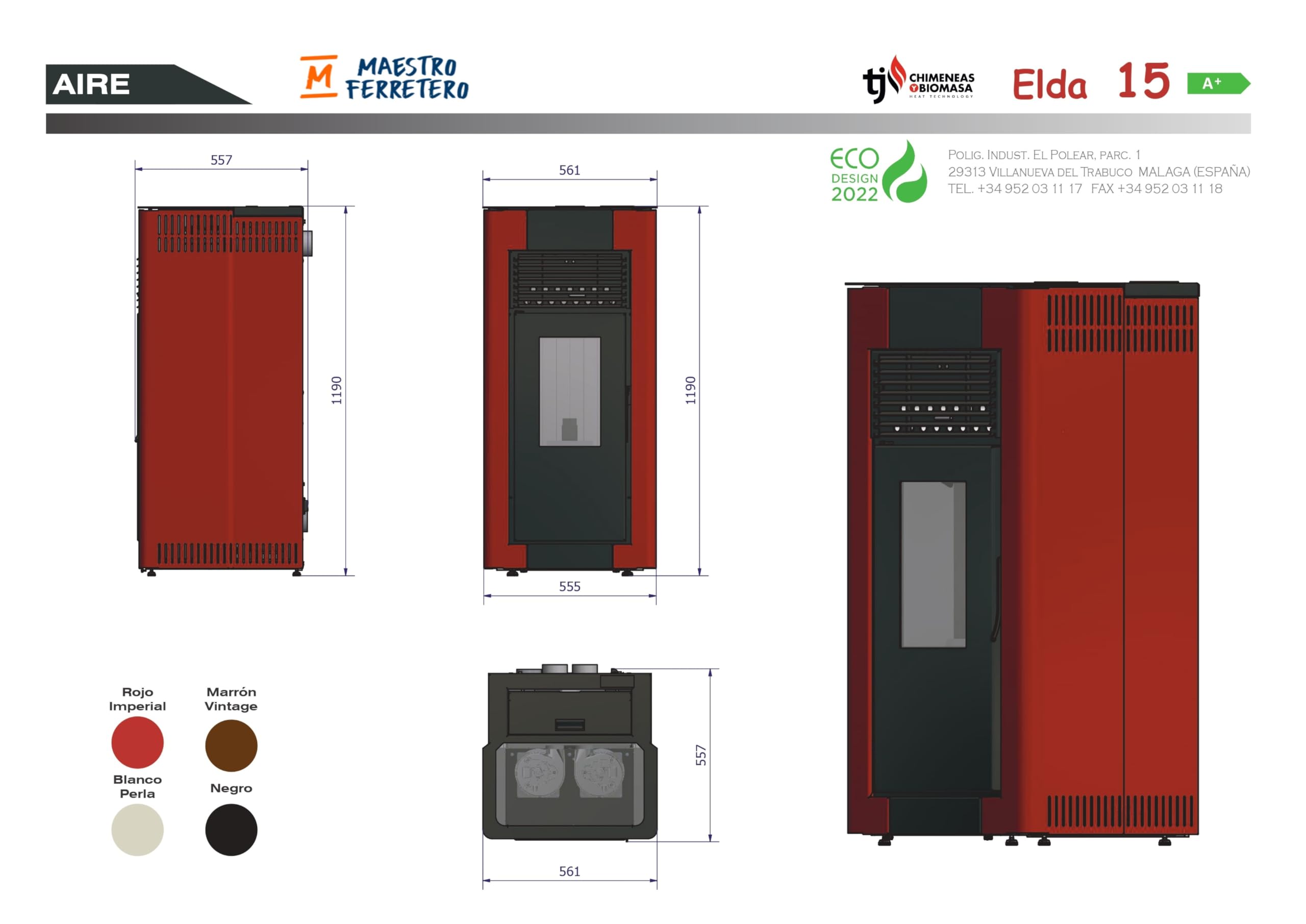 TJ - Estufa de Pellets Canalizable Modelo ELDA de 15 kW - Color NEGRO