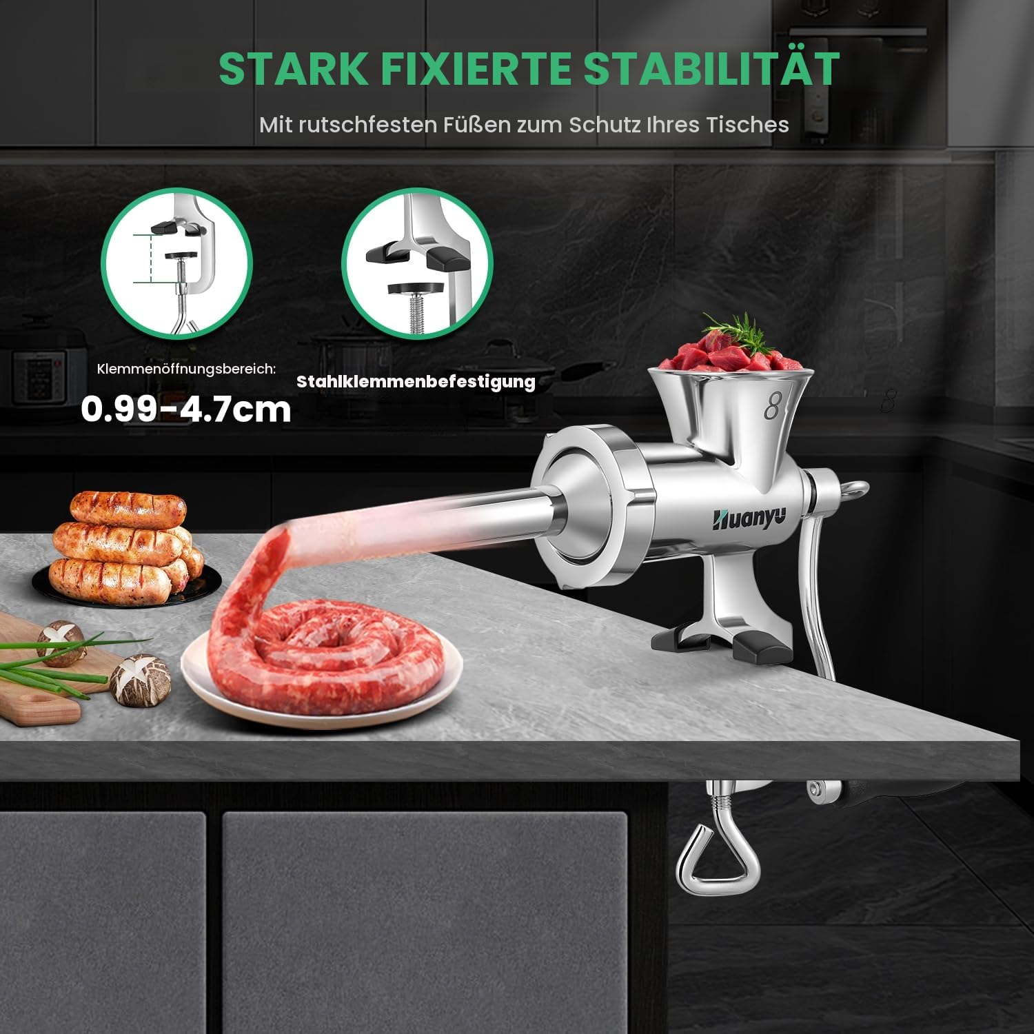 Huanyu Manuell Fleischwolf Edelstahl mit Wurstfüller für Schweinefleisch, Rindfleisch und Gemüse Haushalts Maschine M8