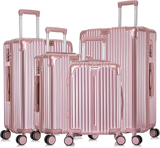Apelila 4-Piece Vertical Stripe Luggage Set with TSA Lock, ABS+PC Hardshell Suitcase (16" 20" 24" 28") – Lightweight Spinner Wheel Carry-On & Checked Luggage (ROSE GOLD)