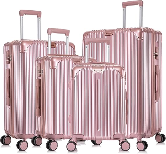 Apelila 4-Piece Vertical Stripe Luggage Set with TSA Lock, ABS+PC Hardshell Suitcase (16" 20" 24" 28") – Lightweight Spinner Wheel Carry-On & Checked Luggage (ROSE GOLD)