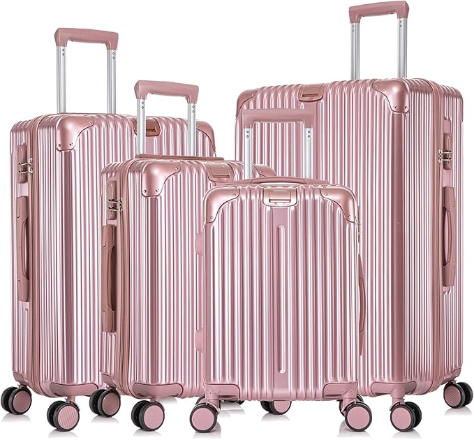Apelila 4-Piece Vertical Stripe Luggage Set with TSA Lock, ABS+PC Hardshell Suitcase (16" 20" 24" 28") – Lightweight Spinner Wheel Carry-On & Checked Luggage (ROSE GOLD)