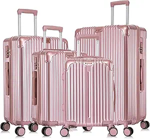 Apelila 4-Piece Vertical Stripe Luggage Set with TSA Lock, ABS+PC Hardshell Suitcase (16" 20" 24" 28") – Lightweight Spinner Wheel Carry-On & Checked Luggage (ROSE GOLD)