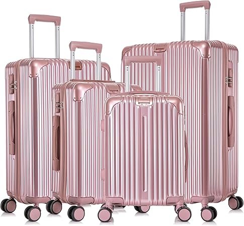 Apelila 4-Piece Vertical Stripe Luggage Set with TSA Lock, ABS+PC Hardshell Suitcase (16" 20" 24" 28") – Lightweight Spinner Wheel Carry-On & Checked Luggage (ROSE GOLD)