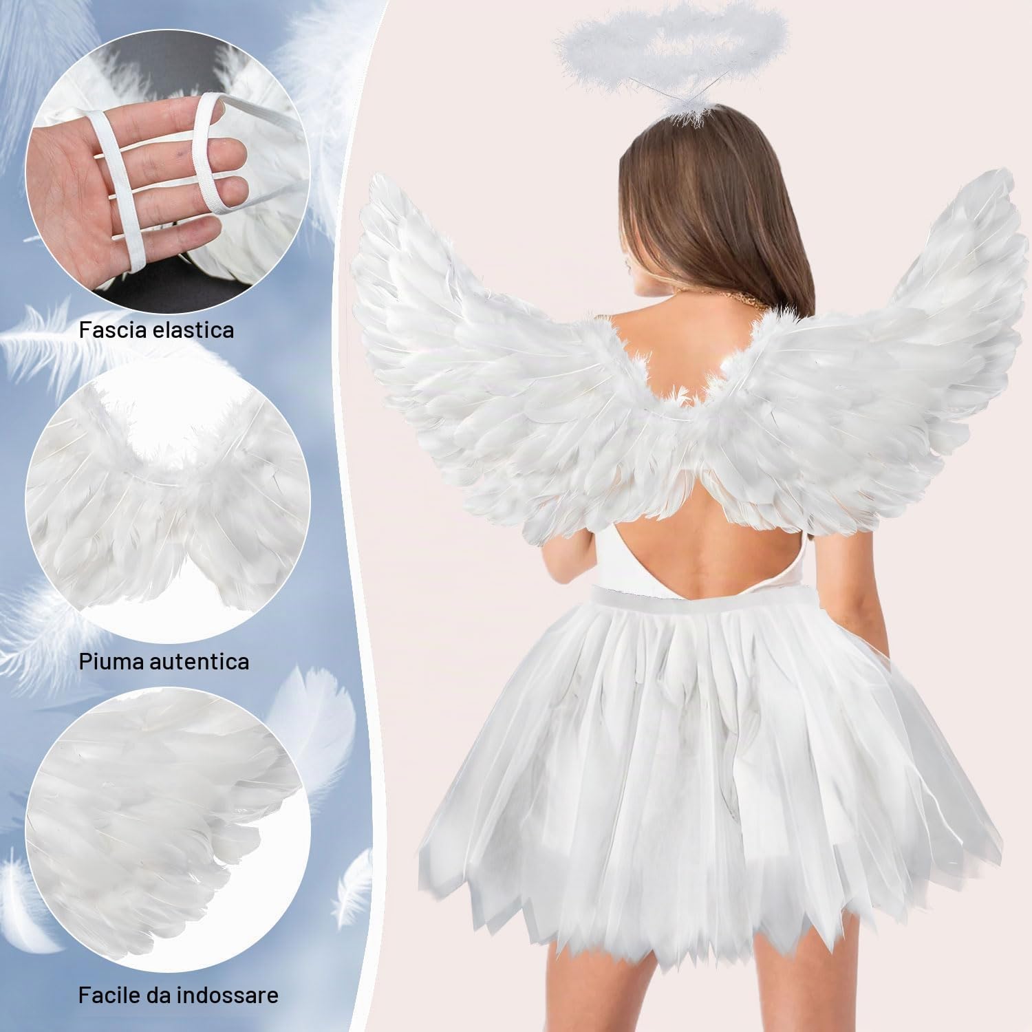 YeahBoom Costume da angelo bianco da donna, 60 cm, con ali d'angelo, per adulti con alone, 70-110 cm, gonna in tulle da donna, ali d'angelo e alone, per Halloween, carnevale, cosplay, feste, carnevale