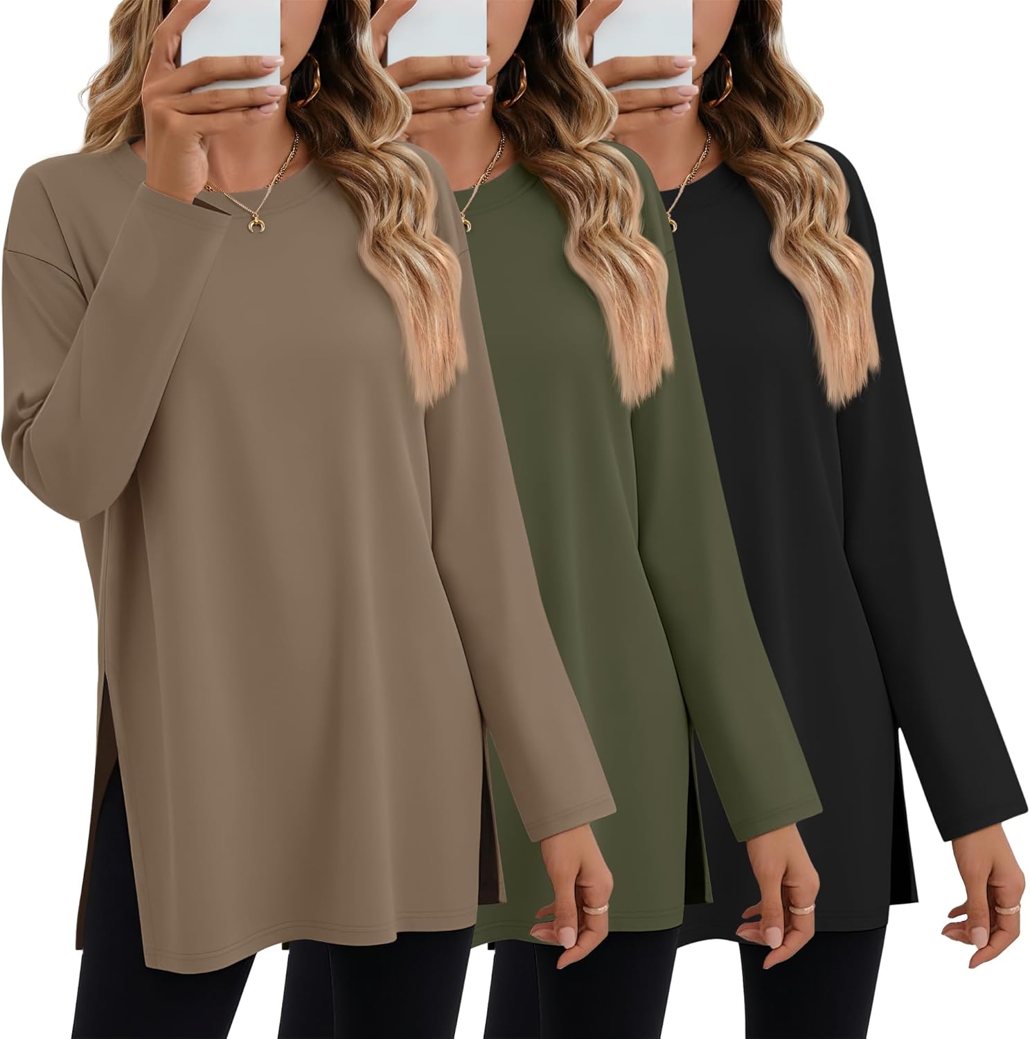 Huukeay 3 Pack Oversized Long Sleeve Shirts for Women Cotton Workout Side Split Gym Crewneck Tops Loose Basic Tee Winter