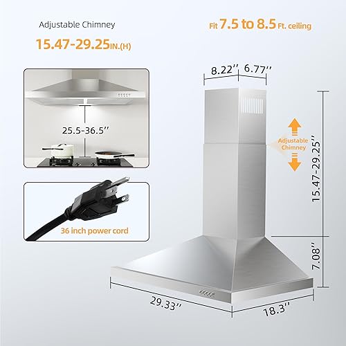 Miniatura 8 de FIREGAS Campana extractora de 30 pulgadas, tipo de montaje en pared con conductossin conductos, convertible de acero inoxidable de 450 CFM, campana