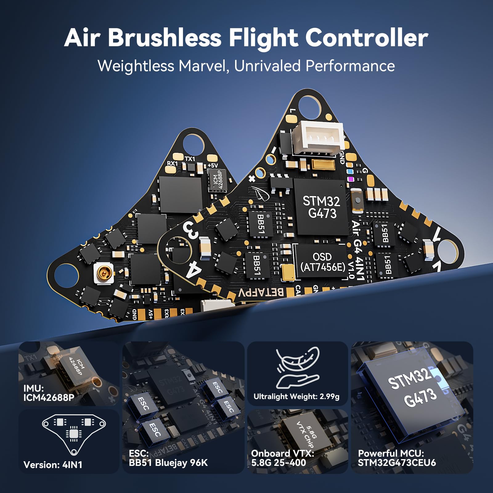 BETAFPV G473 4IN1 Air Brushless Flight Controller for FPV Drone | Lightweight 1S AIO FC with 16MB BlackBox BB51 Bluejay 96K ESC OSD Chip SPI Connection External UART Port for Air65/Air75