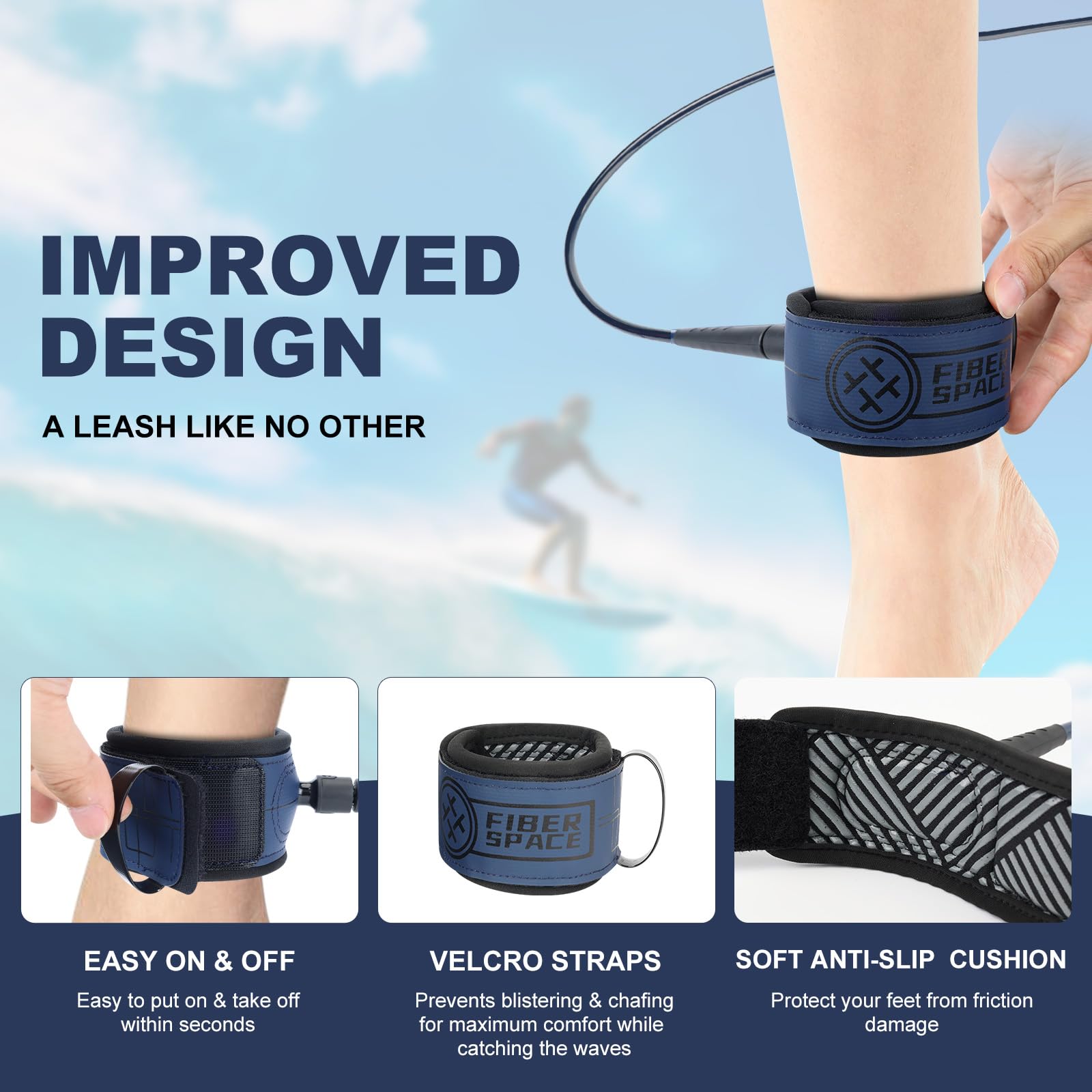 FIBER SPACE Surf Leash for Surfboards (White, 9ft-7mm)