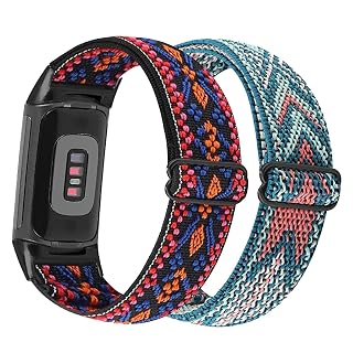 Abanen 2 Pack Elastic Bands for Fitbit Charge 6/5, Soft Nylon Stretchy Embroidery Loop Breathable Wristband Strap With Adjustable Clasp for Advanced Tracker (Blue Pink- Red Orange)