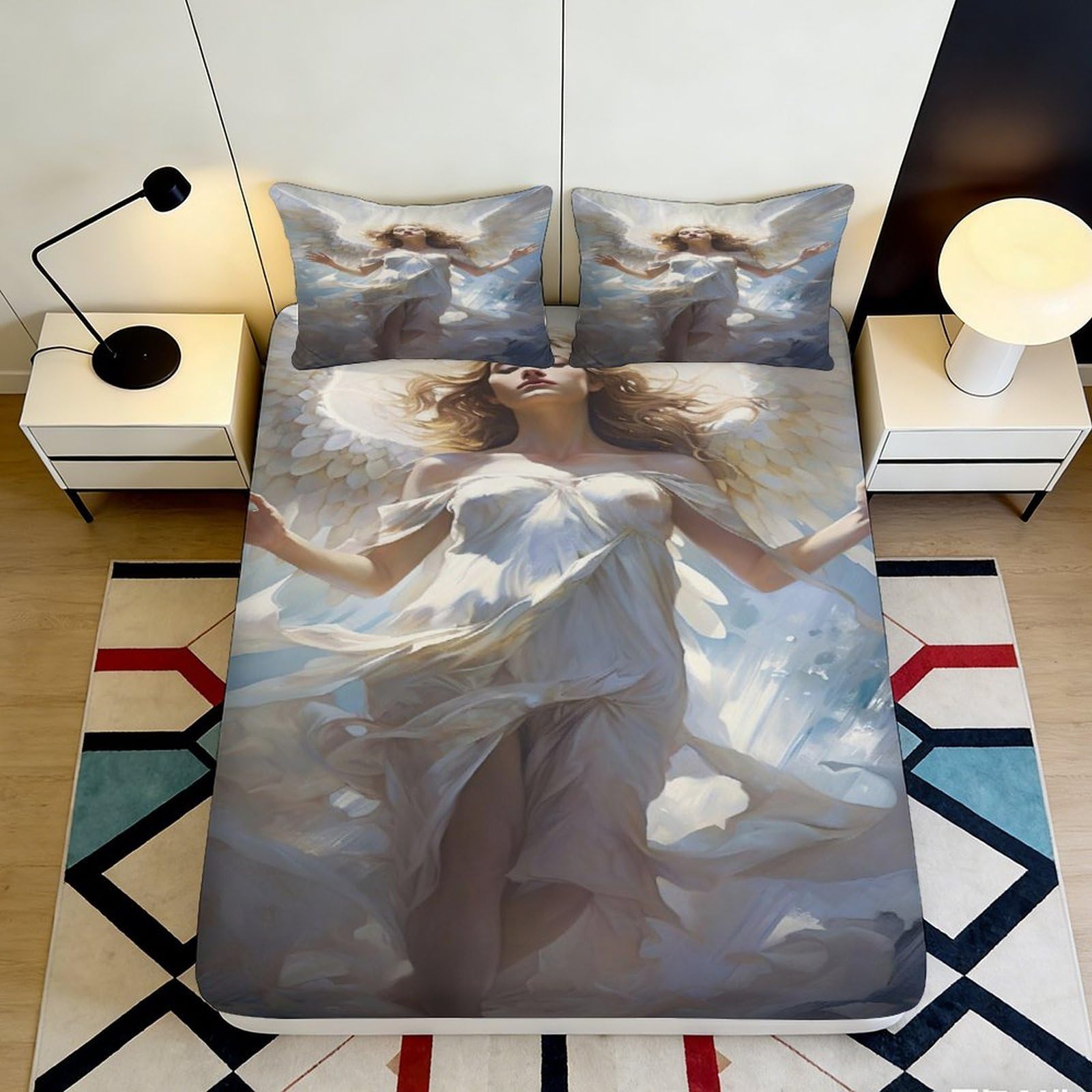 3D Printed Angel Design Fitted Sheet Microfiber Soft Breathable Heavenly Figure Bed Cover for Bedroom Dormitory Guest Room Mattress Protection 180x200x25cm